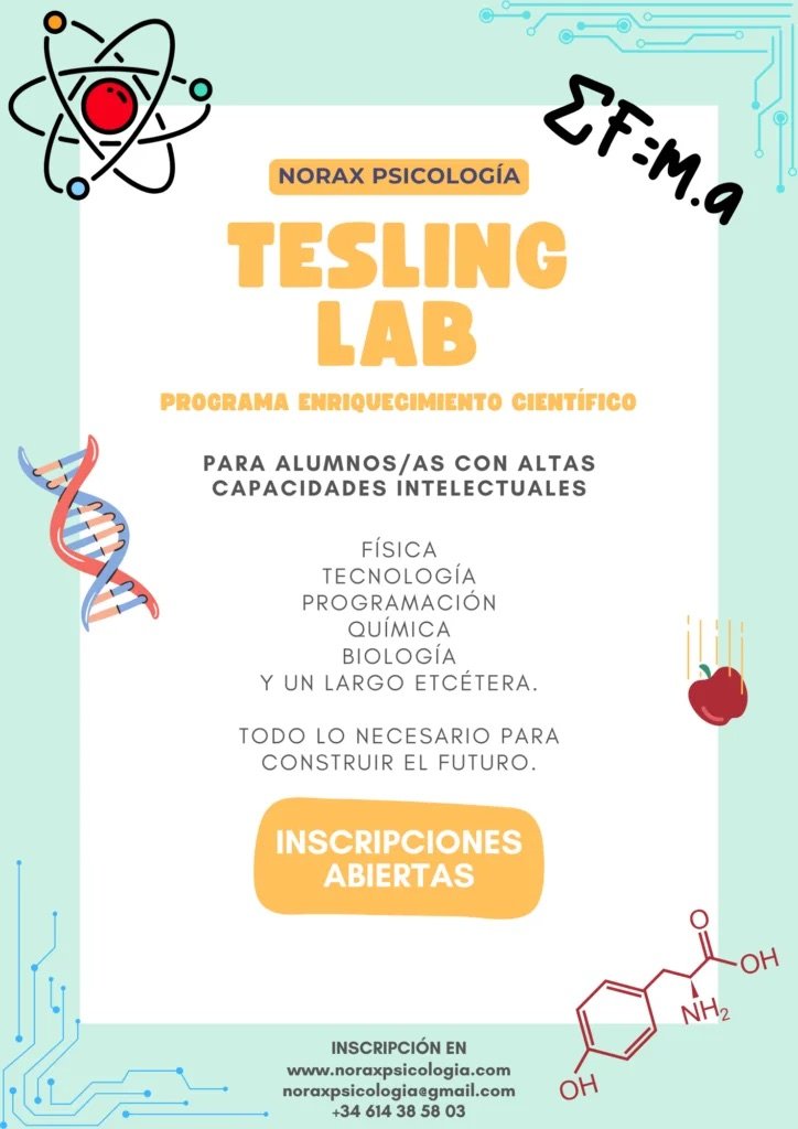 Cartel de Tesling Lab: programa de enriquecimiento científico para alumnos/as con altas capacidades intelectuales